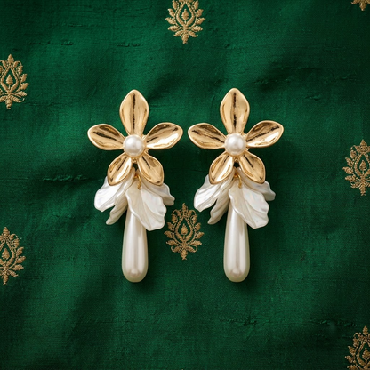 Golden Blossom & Pearl Drop Statement Earrings | Lady Zone