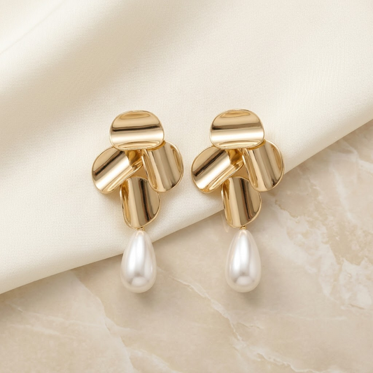 Sculptural Golden Petal & Pearl Drop Earrings | Lady Zone