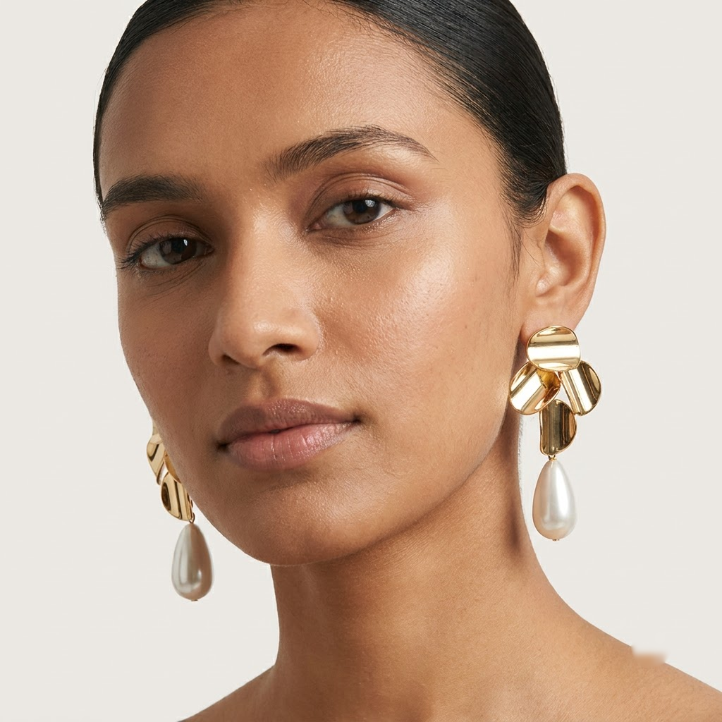 Sculptural Golden Petal & Pearl Drop Earrings | Lady Zone