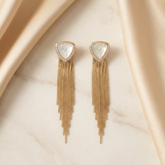 Triangular Mother-of-Pearl & Gold Fringe Statement Earrings | Lady Zone