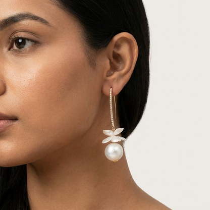 Crystal Hook & White Blossom Pearl Drop Earrings | Lady Zone