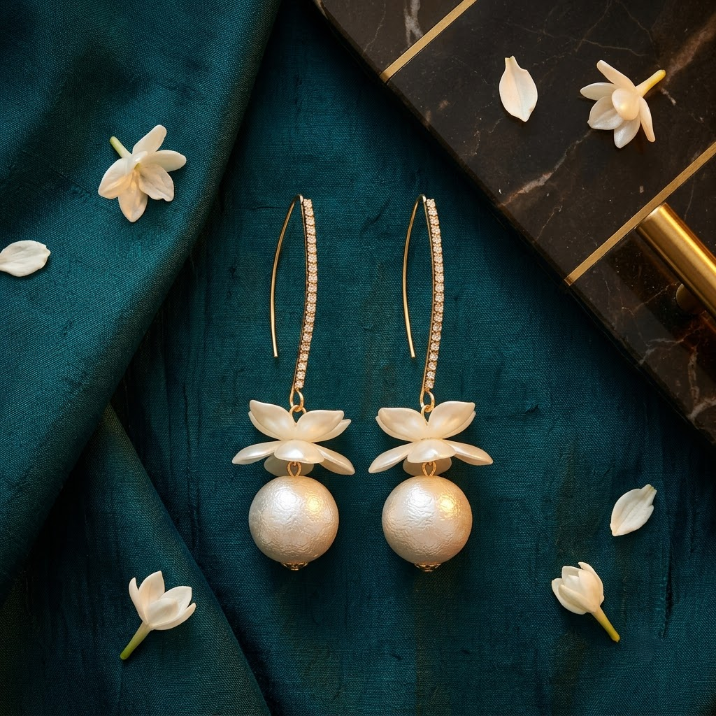 Crystal Hook & White Blossom Pearl Drop Earrings | Lady Zone