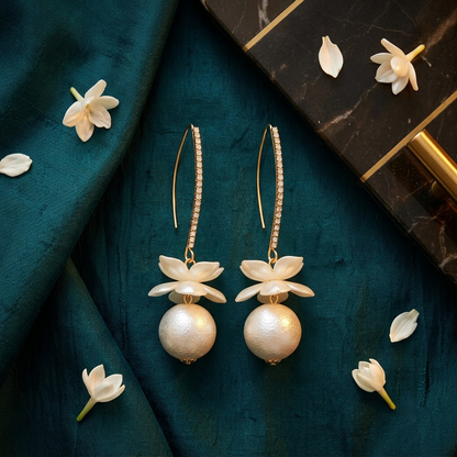 Crystal Hook & White Blossom Pearl Drop Earrings | Lady Zone