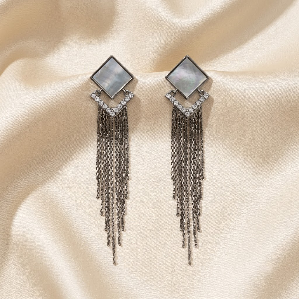 Geometric Mother-of-Pearl & Gold Chain Fringe Earrings | Lady Zone