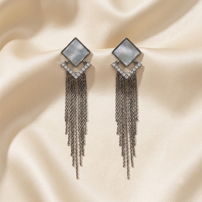 Geometric Mother-of-Pearl & Gold Chain Fringe Earrings | Lady Zone
