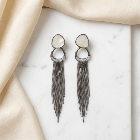 Gunmetal Mother-of-Pearl & Pave Chain Fringe Statement Earrings | Lady Zone