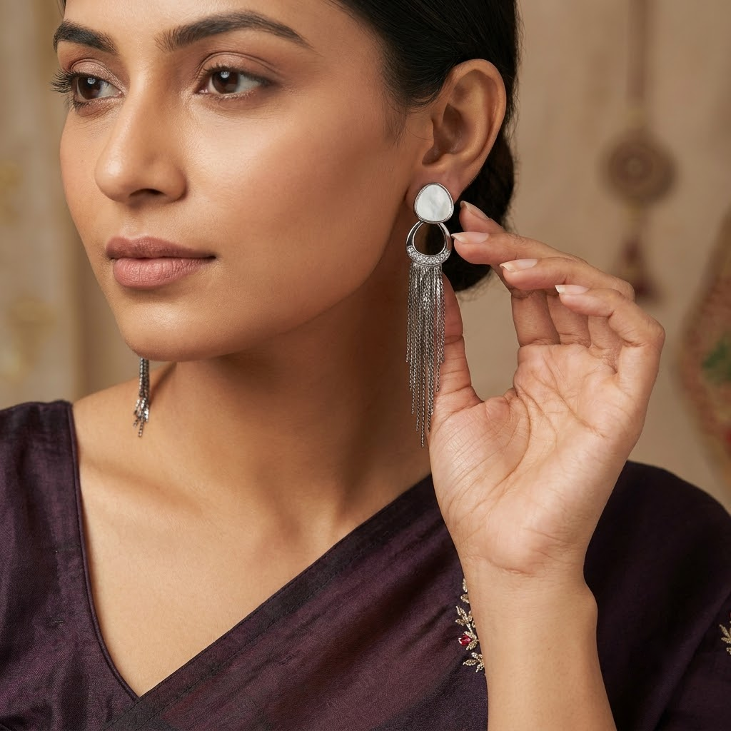 Gunmetal Mother-of-Pearl & Pave Chain Fringe Statement Earrings | Lady Zone