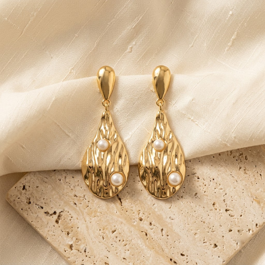 Textured Gold Teardrop & Embedded Pearl Statement Earrings | Lady Zone