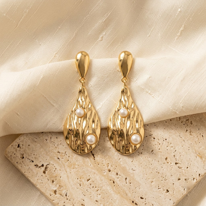 Textured Gold Teardrop & Embedded Pearl Statement Earrings | Lady Zone