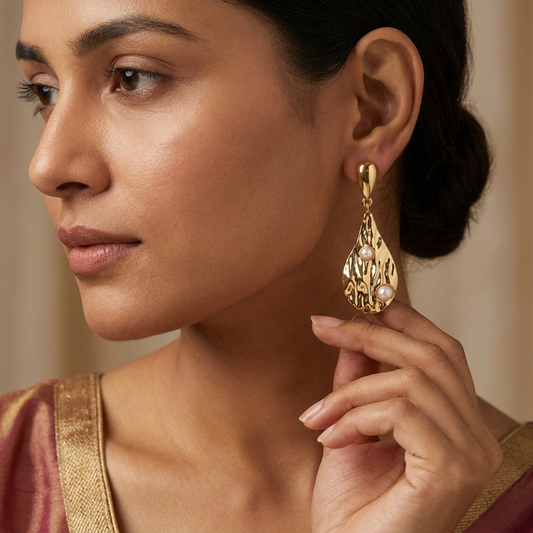 Textured Gold Teardrop & Embedded Pearl Statement Earrings | Lady Zone