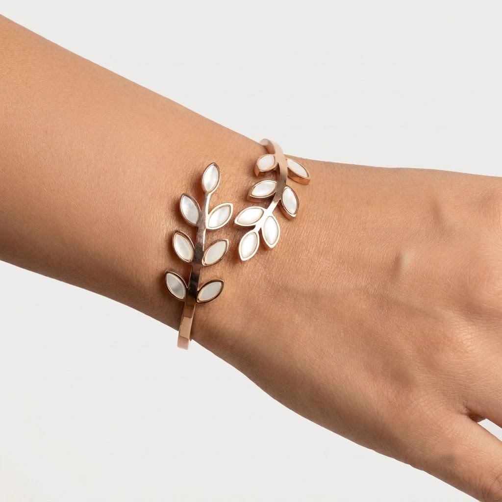 Rose Gold Botanical Leaf & Mother-of-Pearl Open Cuff Bracelet | Lady Zone