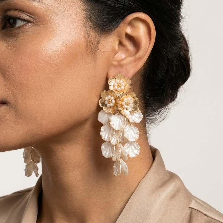 Luxurious Cascading Golden Floral & Pearl Petal Statement Earrings | Lady Zone