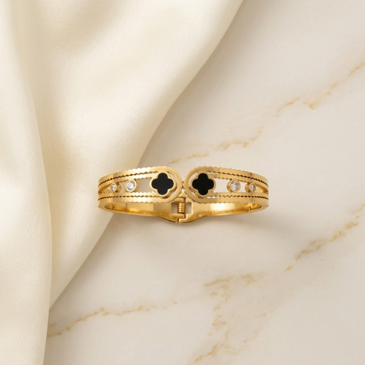 Golden Black Clover & Crystal Scalloped Hinged Cuff Bracelet | Lady Zone