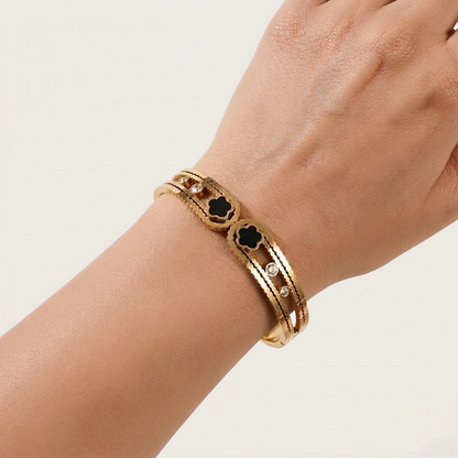 Golden Black Clover & Crystal Scalloped Hinged Cuff Bracelet | Lady Zone