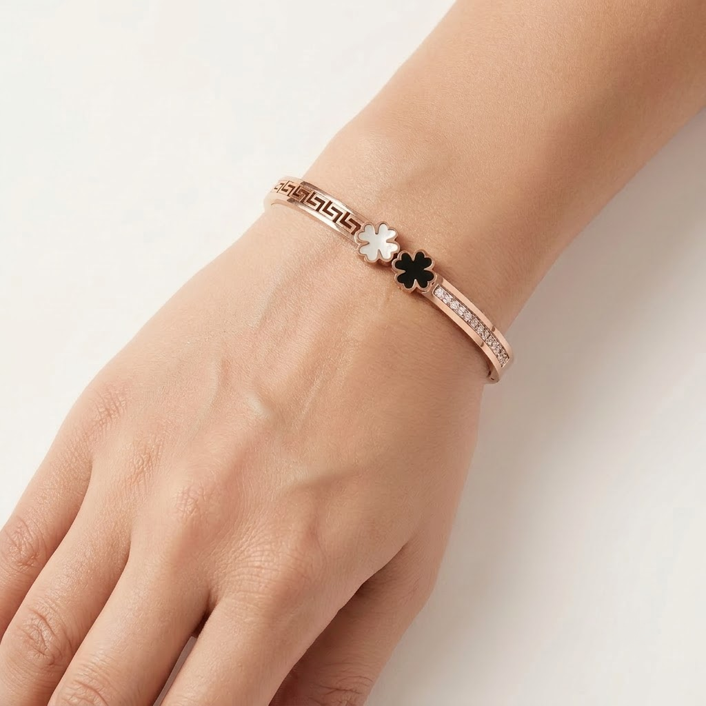 Rose Gold Dual Clover & Greek Key Hinged Cuff Bracelet | Lady Zone