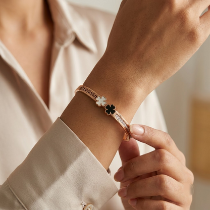Rose Gold Dual Clover & Greek Key Hinged Cuff Bracelet | Lady Zone