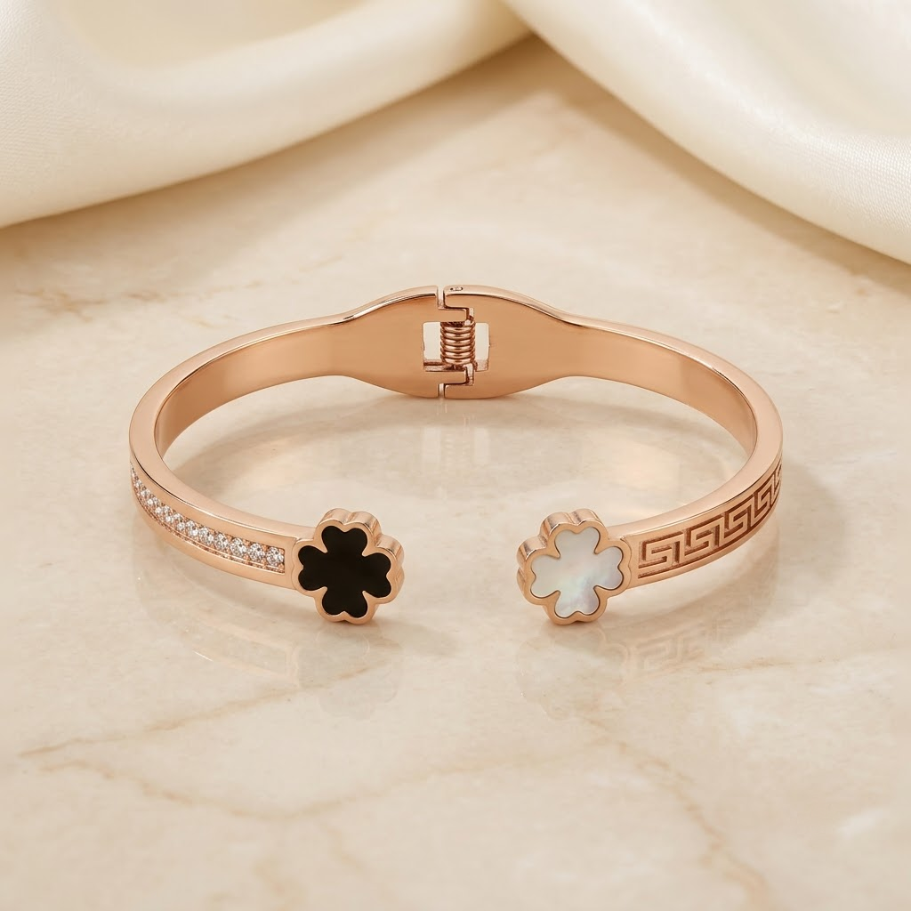 Rose Gold Dual Clover & Greek Key Hinged Cuff Bracelet | Lady Zone