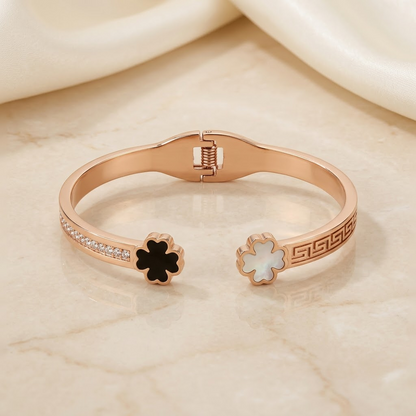 Rose Gold Dual Clover & Greek Key Hinged Cuff Bracelet | Lady Zone