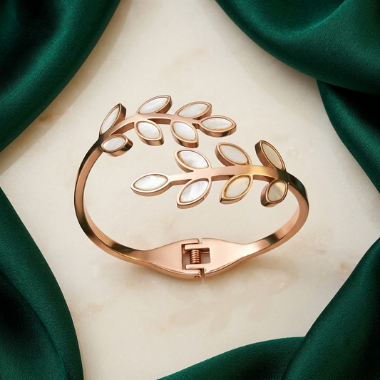 Rose Gold Botanical Leaf & Mother-of-Pearl Open Cuff Bracelet | Lady Zone