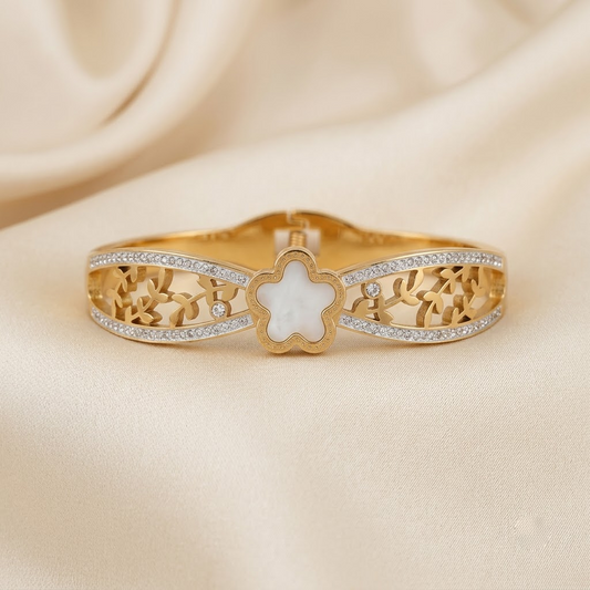 Golden Mother-of-Pearl Clover & Filigree Pave Hinged Cuff Bracelet | Lady Zone