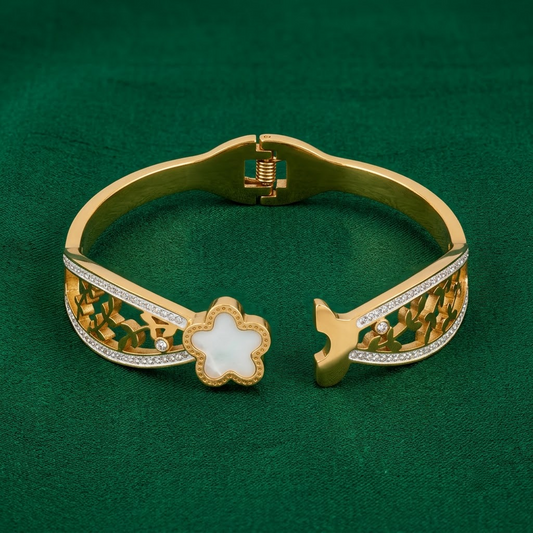 Golden Mother-of-Pearl Clover & Filigree Pave Hinged Cuff Bracelet | Lady Zone
