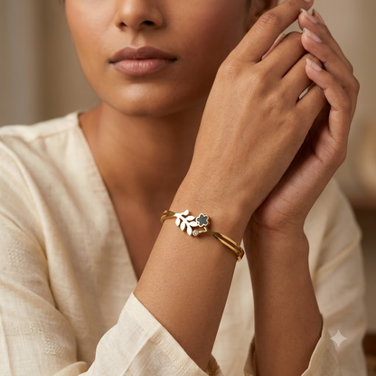 Golden Leaf & Open Flower Hinged Cuff Bracelet | Lady Zone