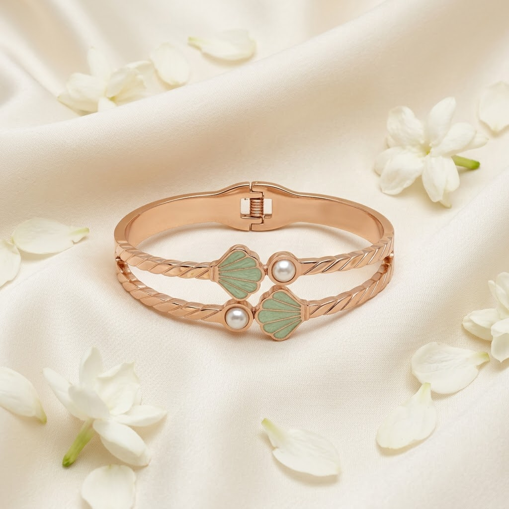 Rose Gold Mint Shell & Pearl Double-Band Hinged Bracelet | Lady Zone