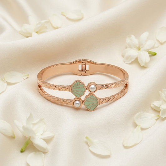 Rose Gold Mint Shell & Pearl Double-Band Hinged Bracelet | Lady Zone