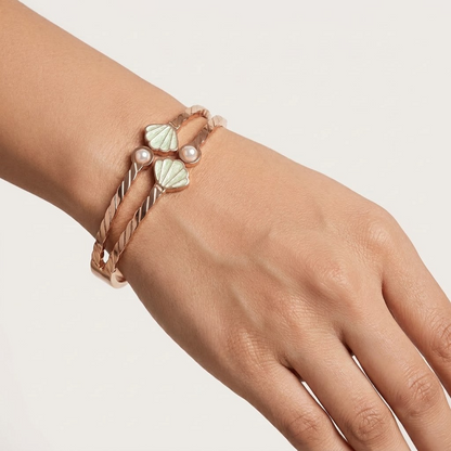 Rose Gold Mint Shell & Pearl Double-Band Hinged Bracelet | Lady Zone