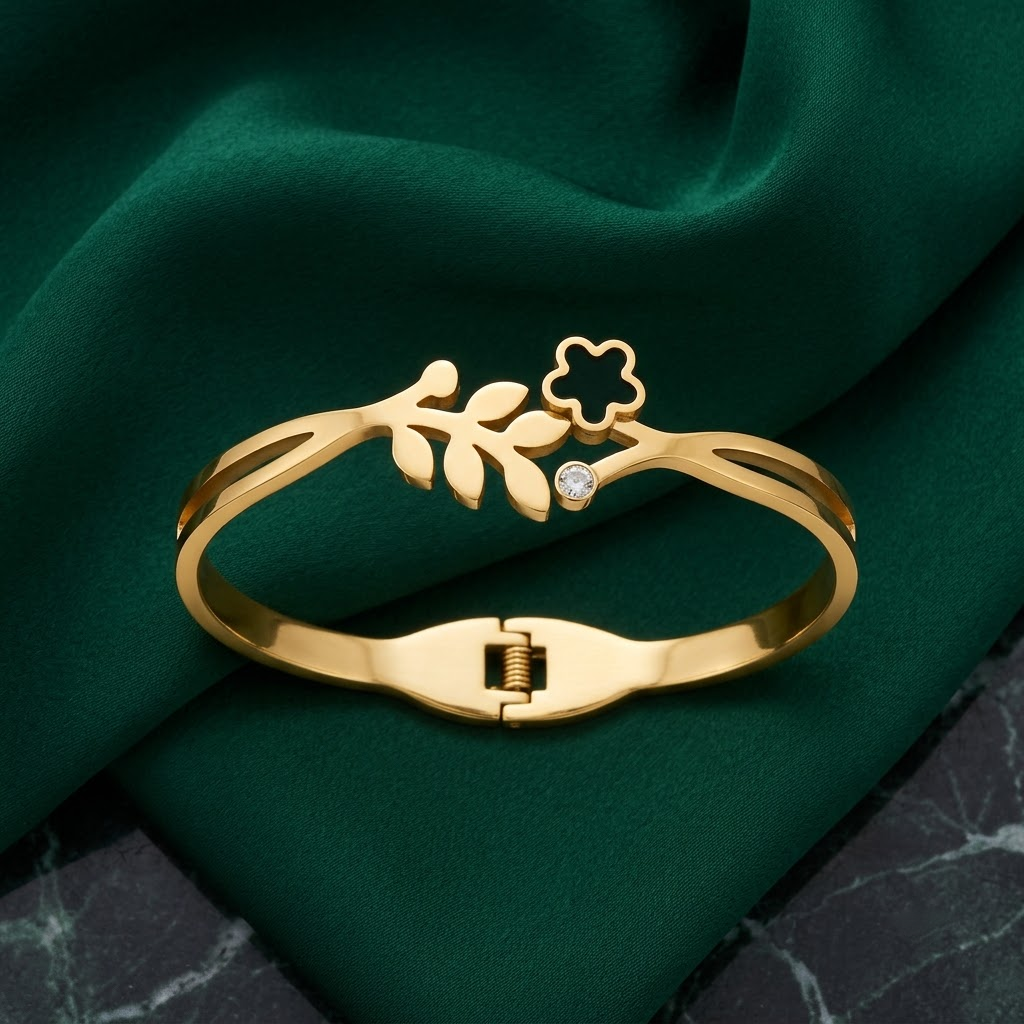 Golden Leaf & Open Flower Hinged Cuff Bracelet | Lady Zone