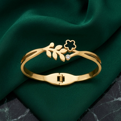 Golden Leaf & Open Flower Hinged Cuff Bracelet | Lady Zone
