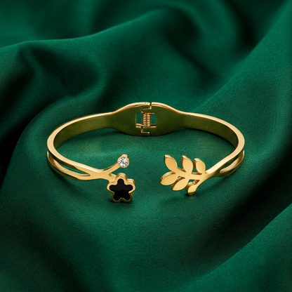 Golden Leaf & Open Flower Hinged Cuff Bracelet | Lady Zone