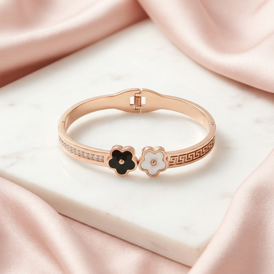 Rose Gold Yin-Yang Floral Enamel & Pave Hinged Cuff Bracelet | Lady Zone