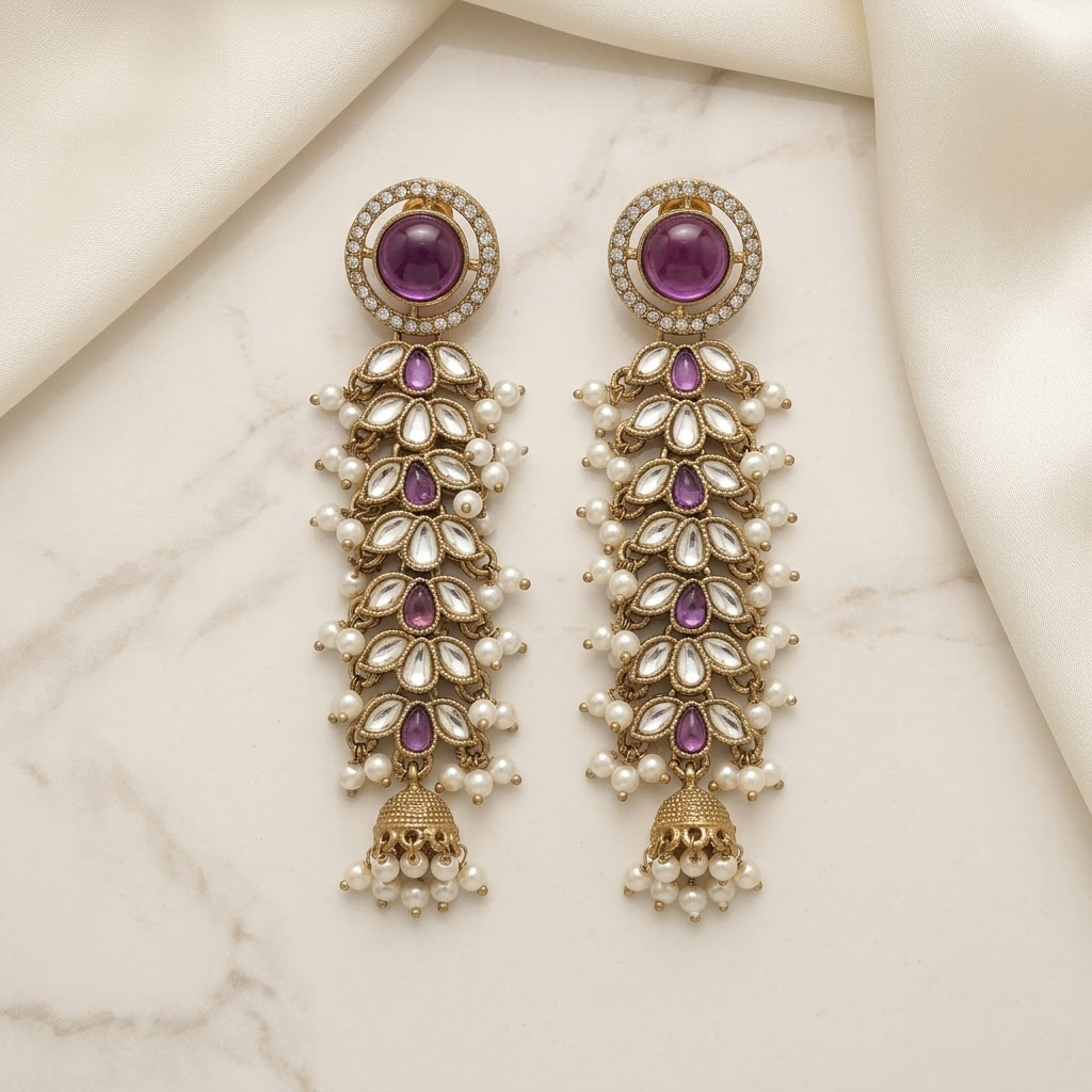 Regal Kundan & Pearl Long Earrings