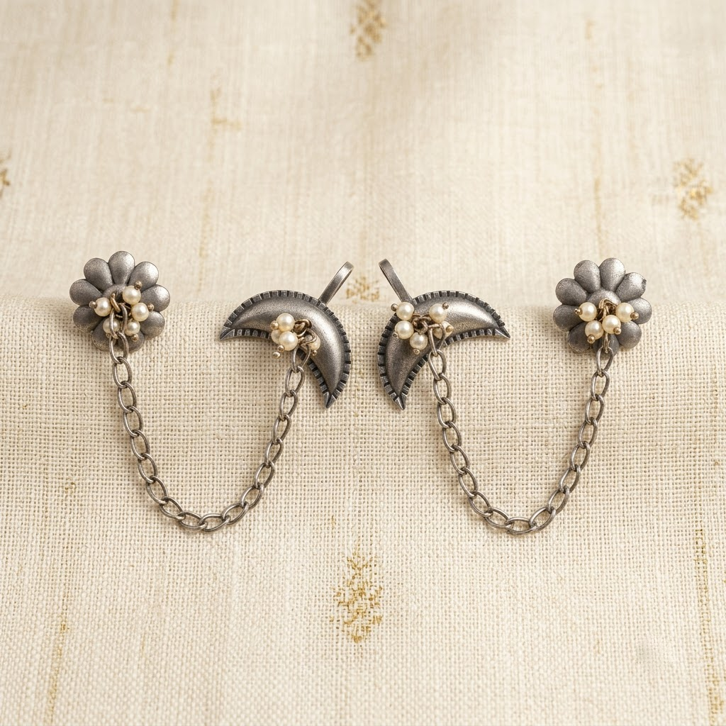 German Silver Floral & Crescent Pearl Chain-Link Statement Earrings | Lady Zone