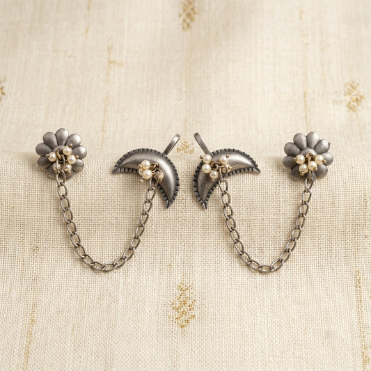 German Silver Floral & Crescent Pearl Chain-Link Statement Earrings | Lady Zone