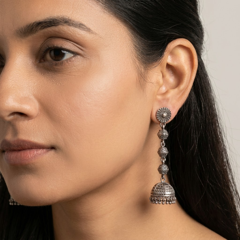 German Silver Medallion & Multi-Tiered Beaded Jhumka Long Statement Earrings | Lady Zone