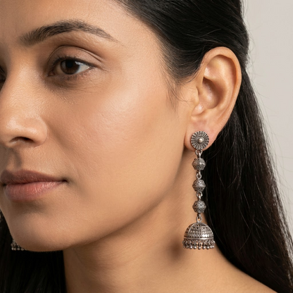 German Silver Medallion & Multi-Tiered Beaded Jhumka Long Statement Earrings | Lady Zone