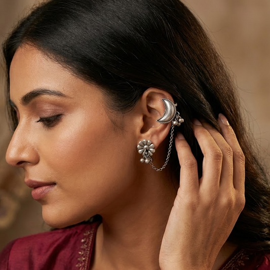 German Silver Floral & Crescent Chain-Link Statement Earrings | Lady Zone