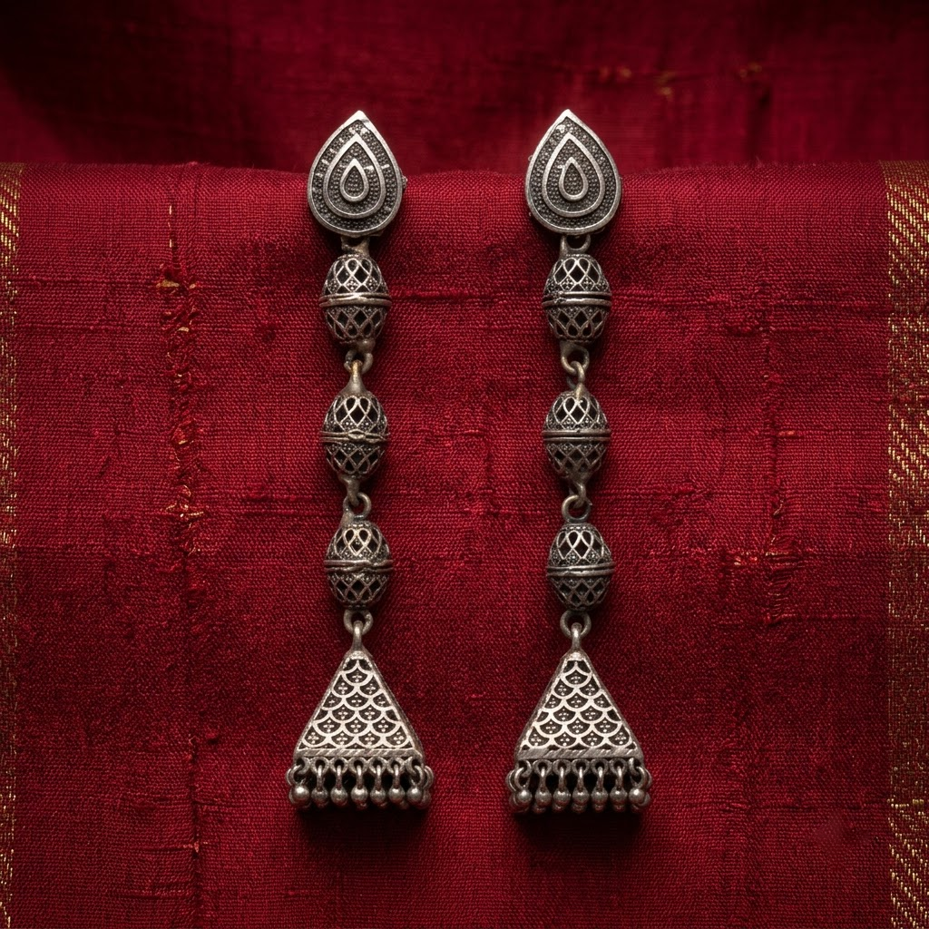 German Silver Teardrop & Multi-Tiered Beaded Long Statement Earrings | Lady Zone