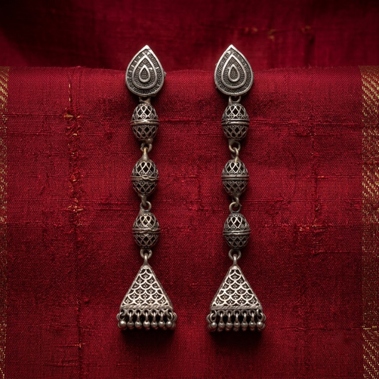 German Silver Teardrop & Multi-Tiered Beaded Long Statement Earrings | Lady Zone