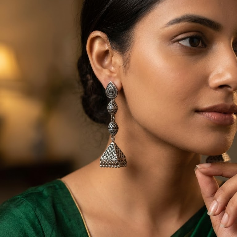 German Silver Teardrop & Multi-Tiered Beaded Long Statement Earrings | Lady Zone