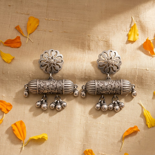 German Silver Floral Stud & Engraved Barrel Ghungroo Statement Earrings | Lady Zone