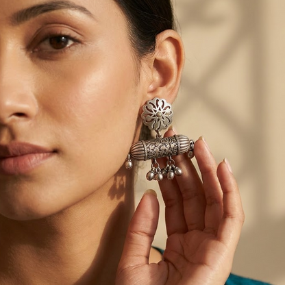 German Silver Floral Stud & Engraved Barrel Ghungroo Statement Earrings | Lady Zone