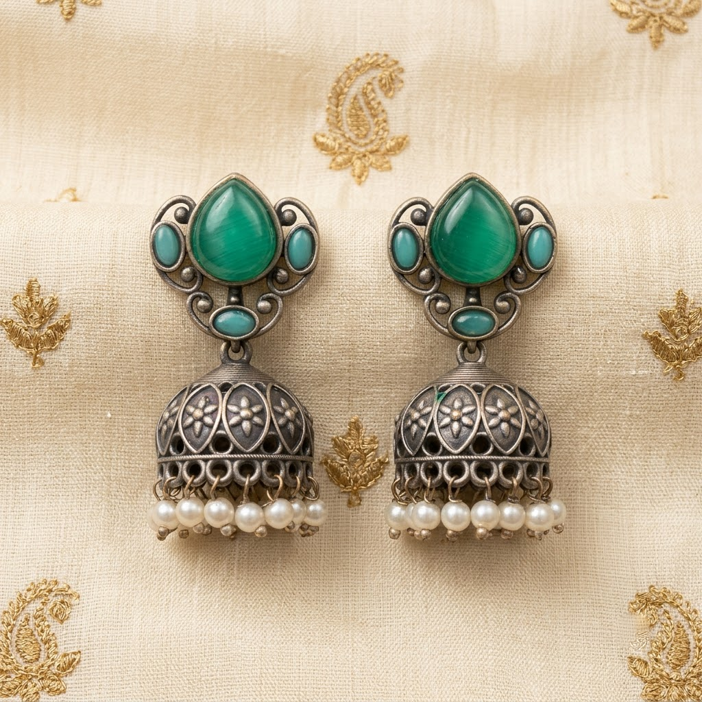 German Silver Emerald Teardrop & Beaded Jhumka Earrings | Lady Zone