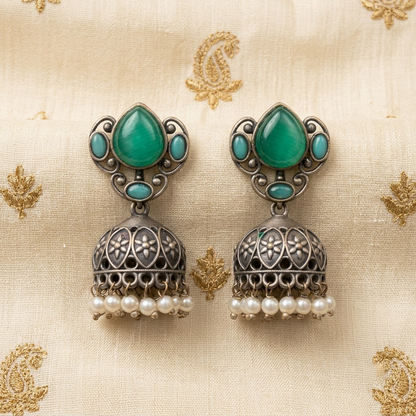 German Silver Emerald Teardrop & Beaded Jhumka Earrings | Lady Zone