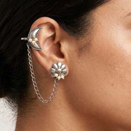 German Silver Floral & Crescent Pearl Chain-Link Statement Earrings | Lady Zone