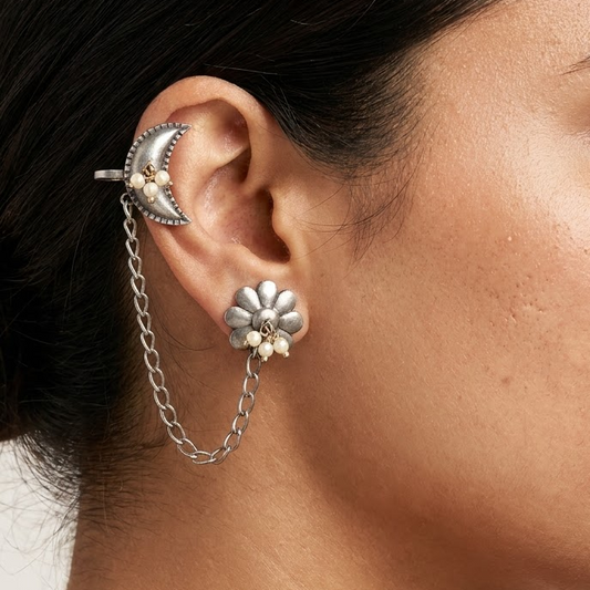 German Silver Floral & Crescent Pearl Chain-Link Statement Earrings | Lady Zone