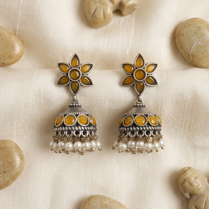German Silver Emerald Floral Stud & Beaded Jhumka Earrings | Lady Zone