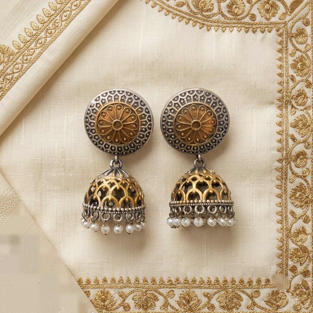 Oxidized Two-Tone Filigree Jhumka Earrings with Pearl Drops | Lady Zone